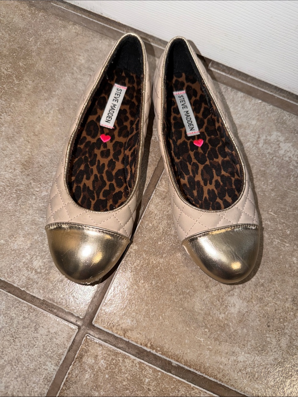 Steve Madden Quilted Beige Flats with Metallic Gold Cap Toe